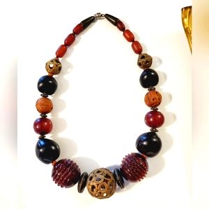 Vintage Artisan brass, carved wood, beaded statement necklace 17" handmade 70's